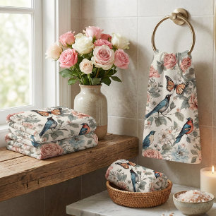 Elegantes Toallas de Baño Florales de Pájaros Azul