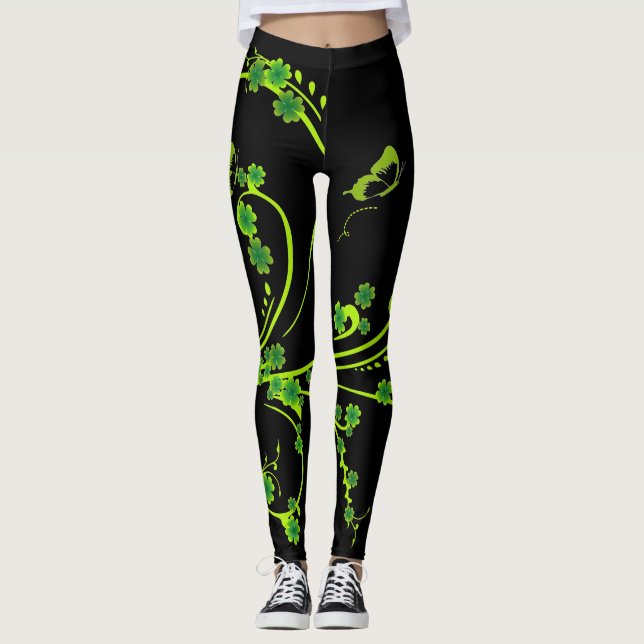 Elegantes vinos de Shamrock y mariposas Leggings (Anverso)