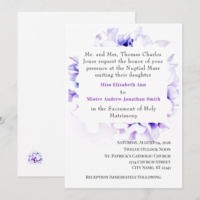 Elegantes violetas Invitación a la boda católica (Anverso / Reverso)