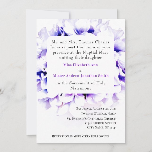 Elegantes violetas Invitación a la boda católica (Anverso)