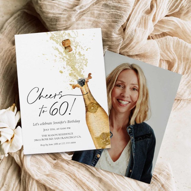 Elegantes vítores a invitación con foto de 60 cump (Elegant 60th Birthday Photo Invitation)