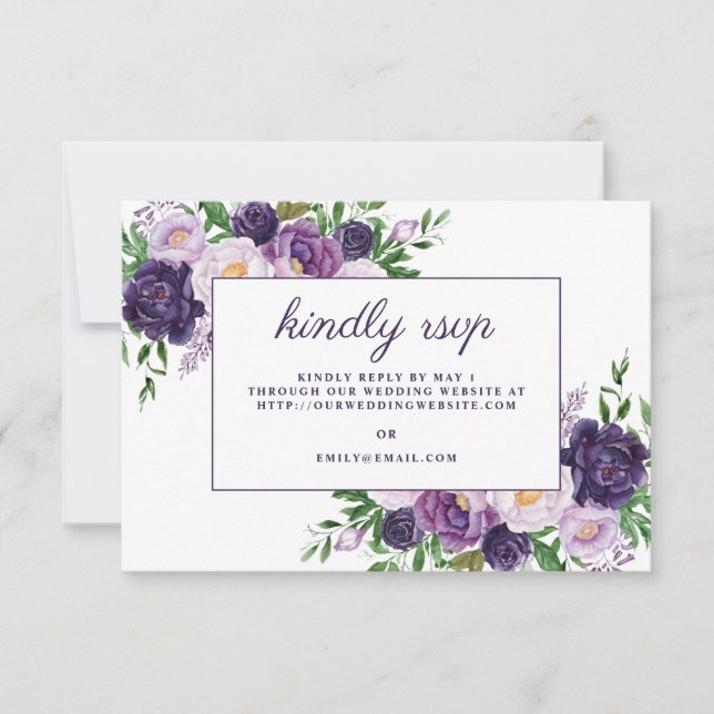 Elegantísima RSVP de sitio web de boda floral púrp (Anverso)