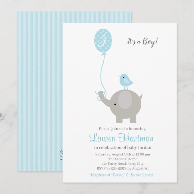 Elephant Baby Boy Shower Invitaciones con globo (Anverso / Reverso)