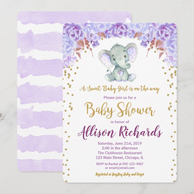 Elephant baby ducha invitación chica oro púrpura (Anverso / Reverso)