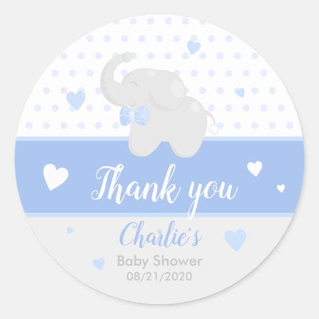 Elephant Baby Shower Boy Blue Gracias Pegatina (Anverso)