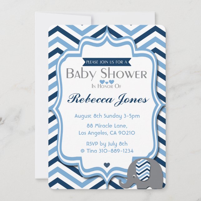 Elephant Baby Shower Invitación Boy Chevron Azul (Anverso)