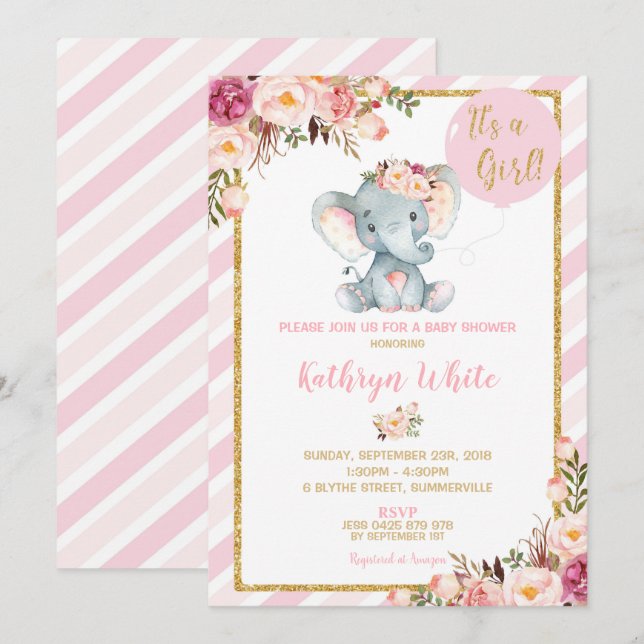 Elephant Baby Shower Invitación Chicas Stripes (Anverso / Reverso)