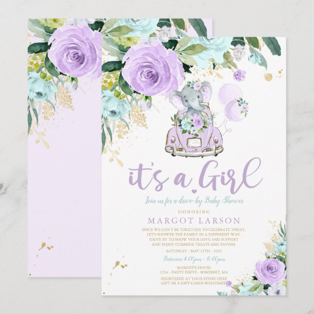 Elephant Drive By Baby Shower Invitación Purple (Anverso / Reverso)