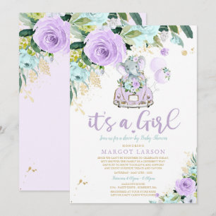 Elephant Drive By Baby Shower Invitación Purple