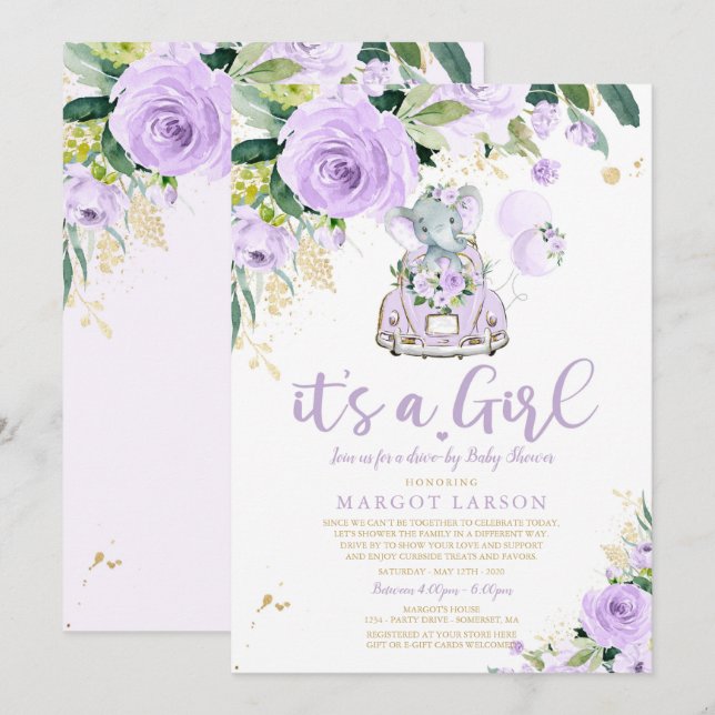 Elephant Drive By Baby Shower Invitación Purple (Anverso / Reverso)