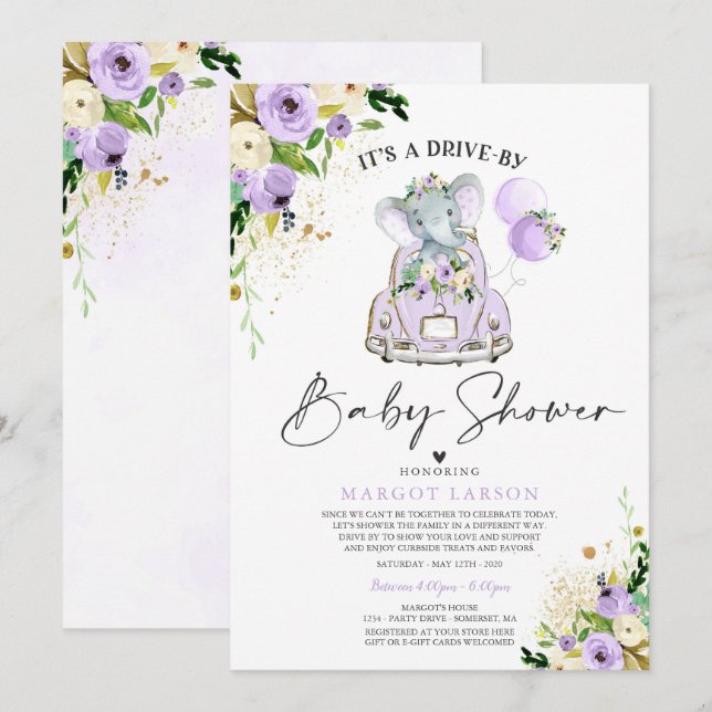 Elephant Drive By Baby Shower Invitación Purple (Anverso / Reverso)