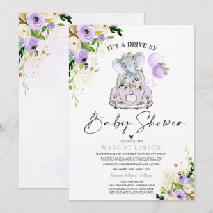 Elephant Drive By Baby Shower Invitación Purple