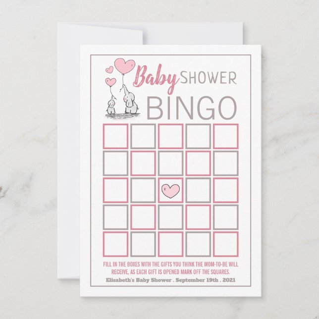 Elephant Hearts Baby Shower Bingo (Anverso)