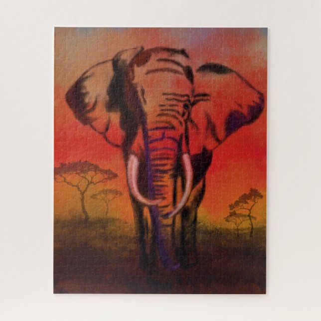 Elephant Jigsaw Puzzle Sunset Savanna Pintura (Vertical)