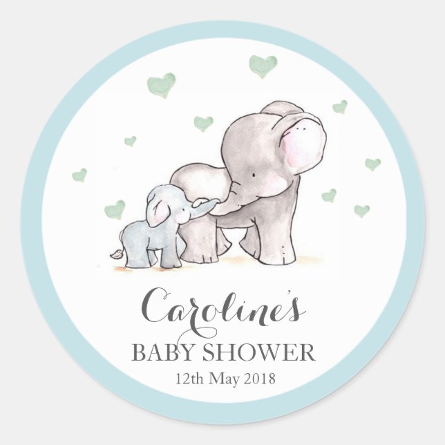 Elephant Love Blue Baby Shower Pegatina  (Anverso)