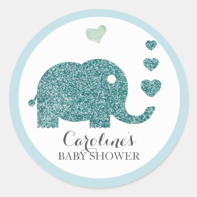 Elephant Love Blue Purpurina Pegatina Baby Shower (Anverso)