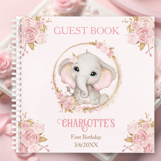 Elephant Pink Floral Primer cumpleaños Libro de in (Elephant Pink Floral 1st Birthday Name Guest Book)