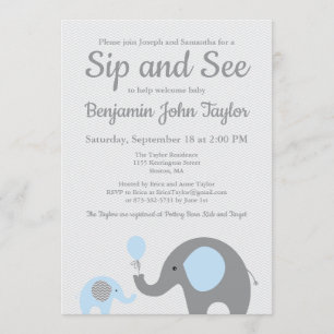 Elephant Sip y ver invitaciones en azul y gris