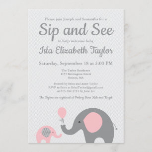 Elephant Sip y ver invitaciones en rosa y gris