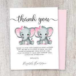 Elephant Twin Baby Girls Shower - Tarjeta de agrad