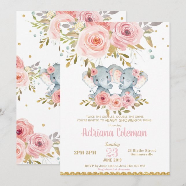 Elephant Twin Chicas Baby Shower Invitación Floral (Anverso / Reverso)