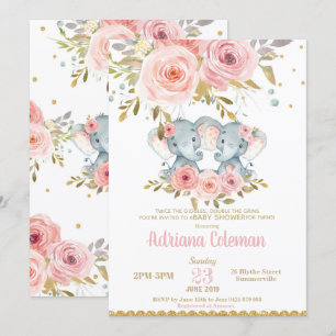 Elephant Twin Chicas Baby Shower Invitación Floral