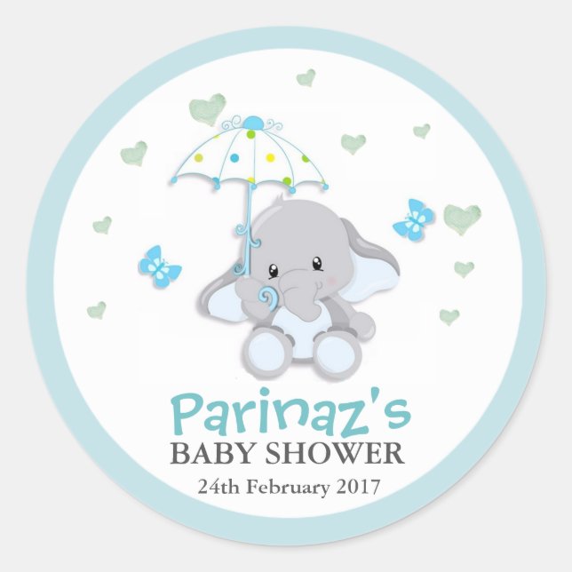 Elephant UmbrellaLove Blue Baby Shower Pegatina  (Anverso)