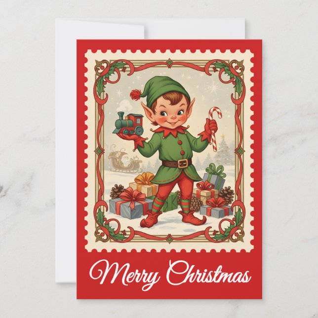 Elf | Tarjeta de Navidades de sello de retro (Anverso)