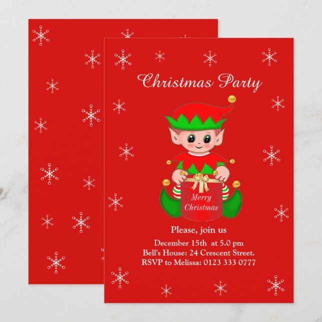 Elfo Lindo en Invitación de Fiesta de Navidad Roja (Anverso / Reverso)