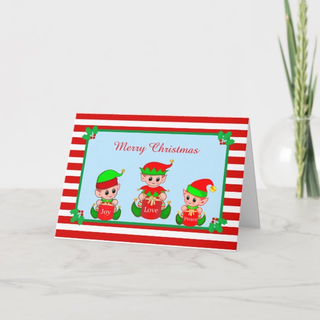 Elfos de Navidad Adorables & Tarjeta de Rayas Blan (Anverso)
