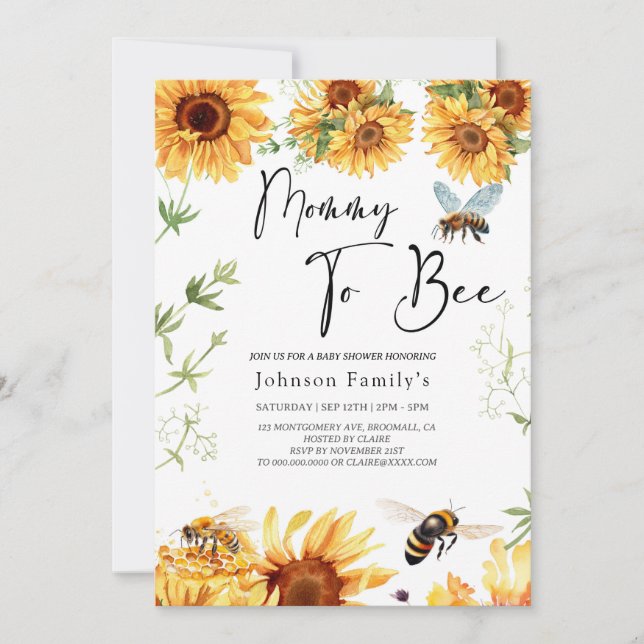 elgante Invitación a la abeja para bebé de girasol (Anverso)
