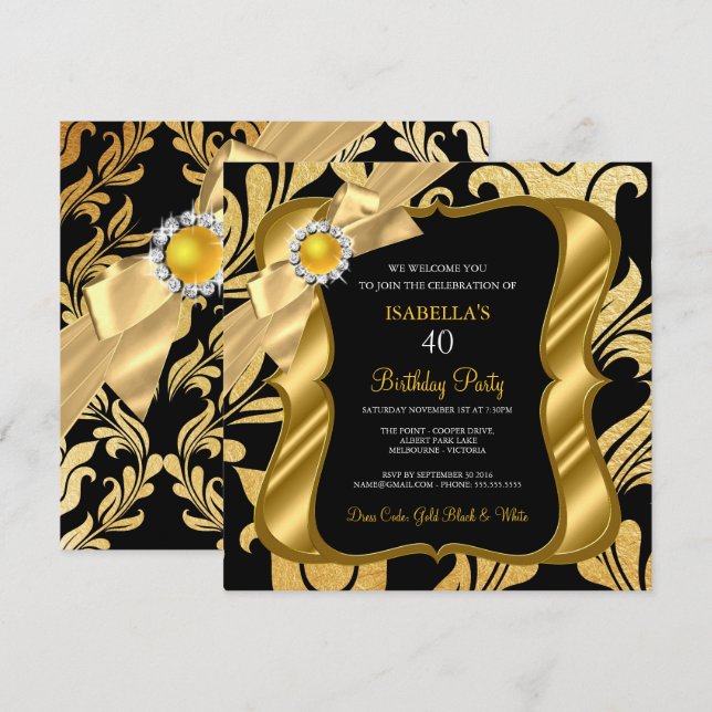 Elite Pearl Gold Bow Black Damask Invitación de cu (Anverso / Reverso)