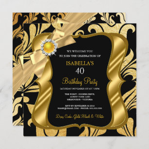 Elite Pearl Gold Bow Black Damask Invitación de cu