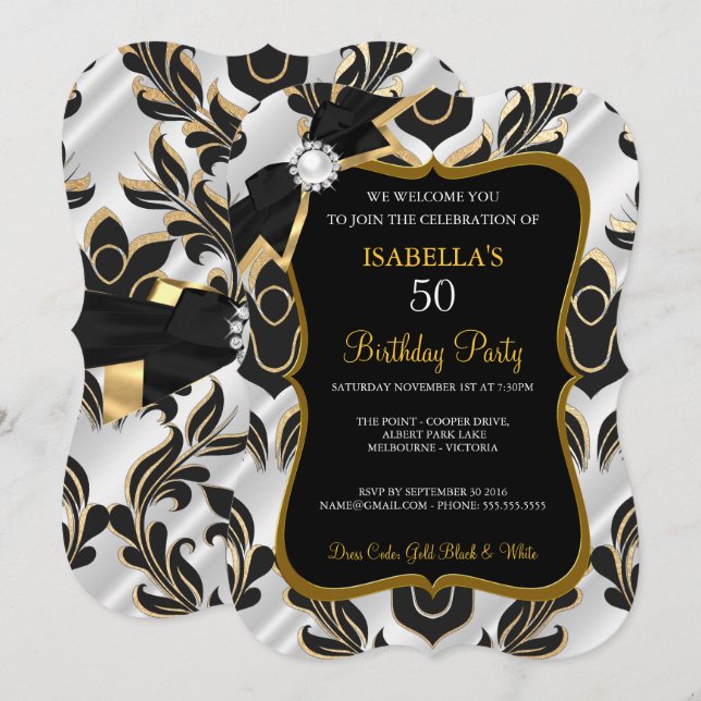Élite Perla Blanca Oro Negro Damask Invitación de  (Anverso / Reverso)