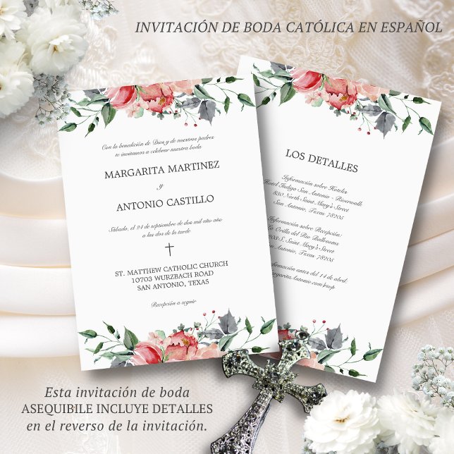 Elizabeth Invitacion de Boda Catolica Boda (Elegante invitación de boda en español con flores rosas de acuarela)
