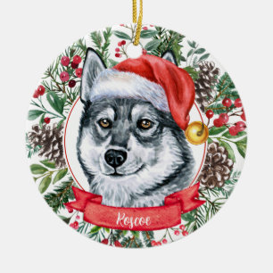 Elkhound Dog Personalizado Santa Hat Ornamento de 