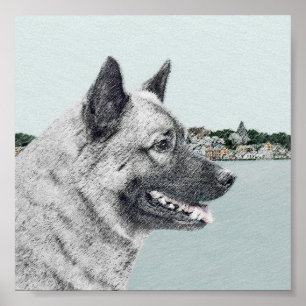 Elkhound noruego en pintura de aldea - Arte de per