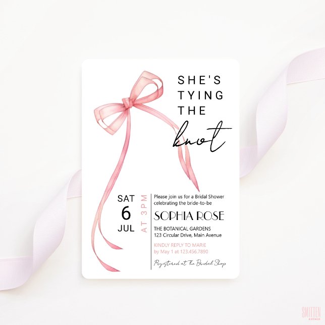 Ella Amarra La Invitación A La Ducha Bridal Knot (shes tying the knot bridal shower invitation pink ribbon bow coquette theme)