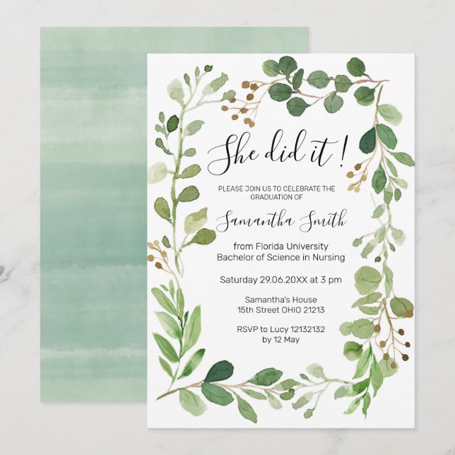 Ella lo hizo Invitación de graduación Greenery (Anverso / Reverso)
