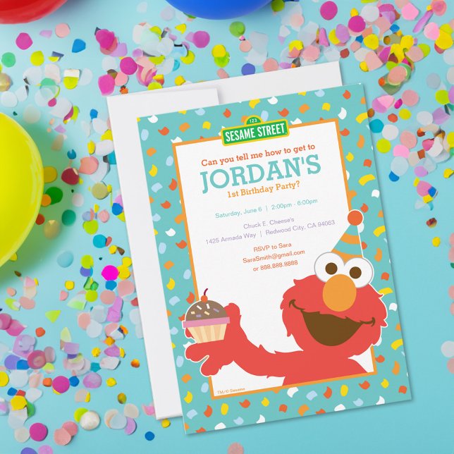 Elmo - Torta y Confetti 1er cumpleaños Invitación (Card on table)