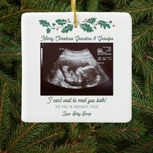 Embarazo Árbol de Navidad Decoración Ultrasonido B (Merry Christmas Grandma and Grandpa Pregnancy Announcement Sonogram Scan Photo Ceramic Ornament)