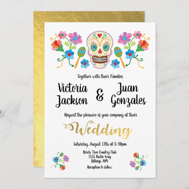 Embroidery Sugar Skull Invitaciones a la boda mexi (Anverso / Reverso)