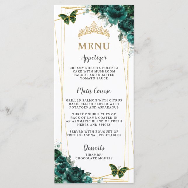 Emerald Green Floral Butterflies Quinceanera Menu (Anverso)