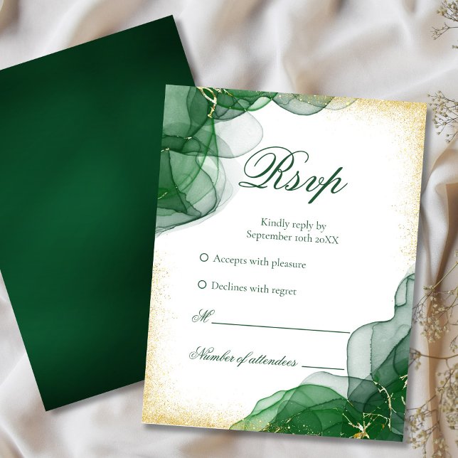 Emerald Green Gold Marble White Wedding RSVP Card (Elegant Emerald Green & Gold Wedding RSVP)
