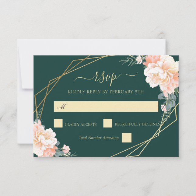 Emerald Green Gold Rubor Peach Floral Wedding RSVP (Anverso)