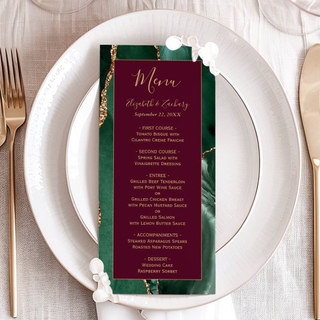 Emerald Green Gold Script Burgundy Wedding Menu (Subido por el creador)
