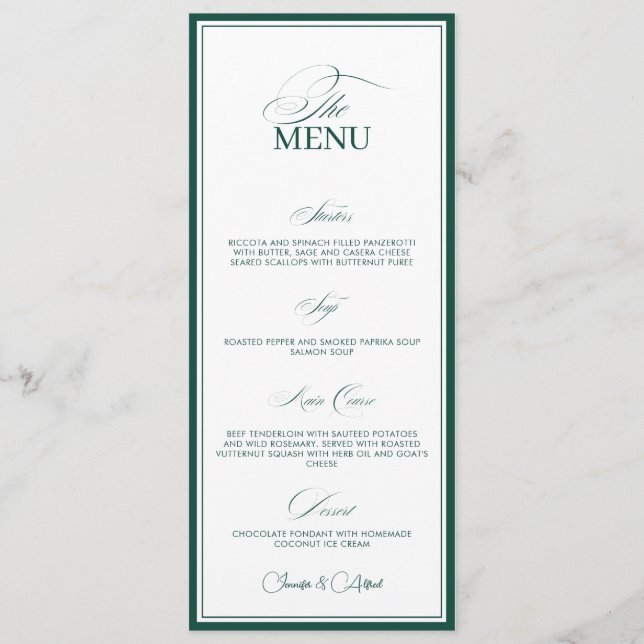 Emerald Green Old Money Wedding Dinner Menu Card (Anverso)