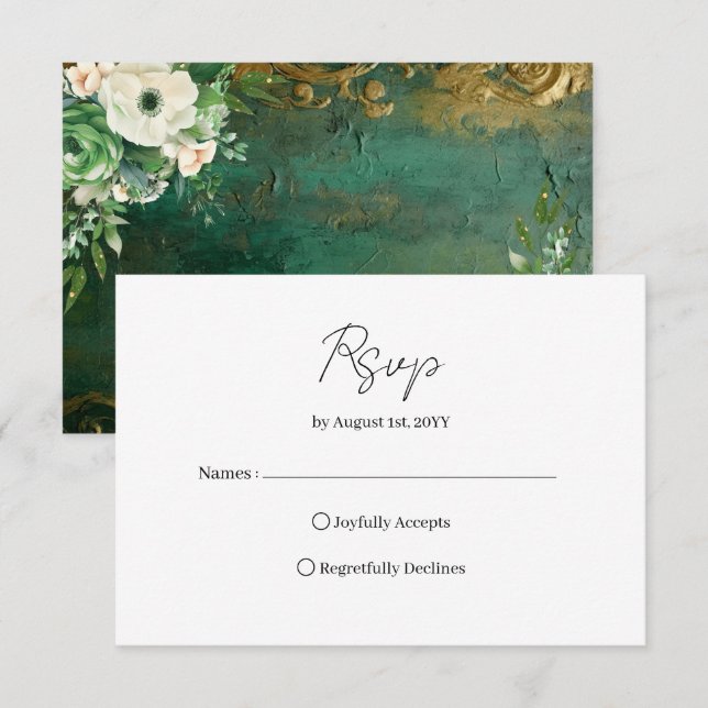 Emerald Green Romantic Floral Wedding RSVP Card (Anverso / Reverso)