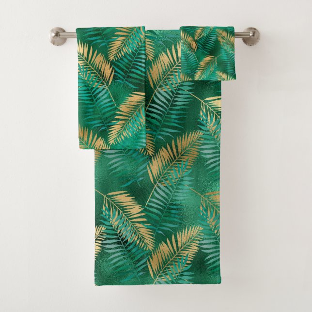 EMERALD GREEN TROPICAL PALM BATHROOM TOWALL SET (In situ)