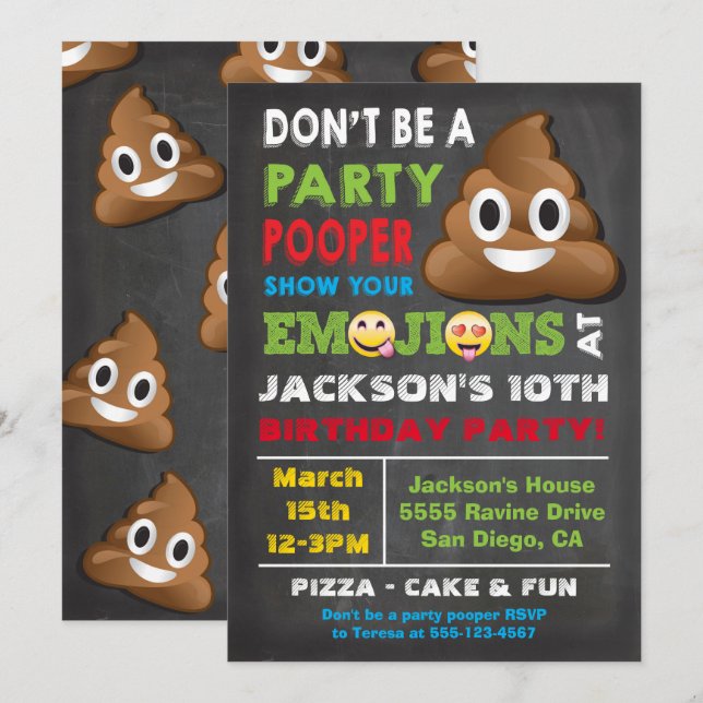 Emoji Fiesta Pooper Birthay Invitación (Anverso / Reverso)